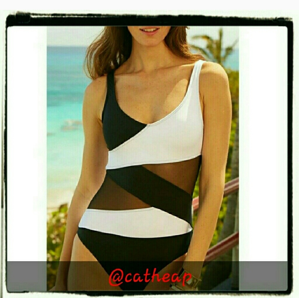 New...BLACK AND white SHEER monokini swimsuit - Picture 3 of 4